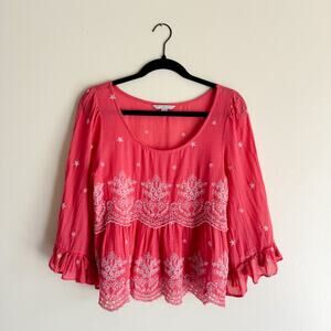 American Eagle Outfitters Coral Embroidered Blouse